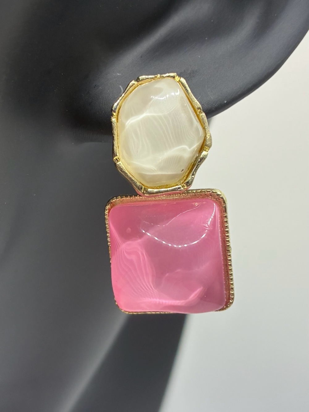 Gold-Trim Pink & Cream Square Drop Earrings